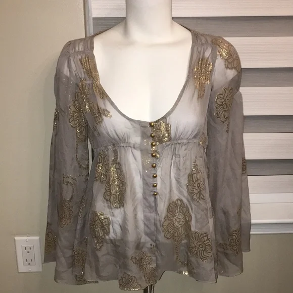 LaRok ANTHRO BRAND real silk SHEER top with gold lame embroidered design Nwot - Picture 1 of 6